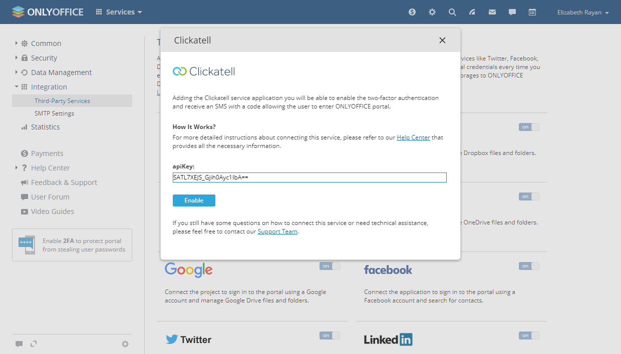 ONLYOFFICE - Clickatell settings