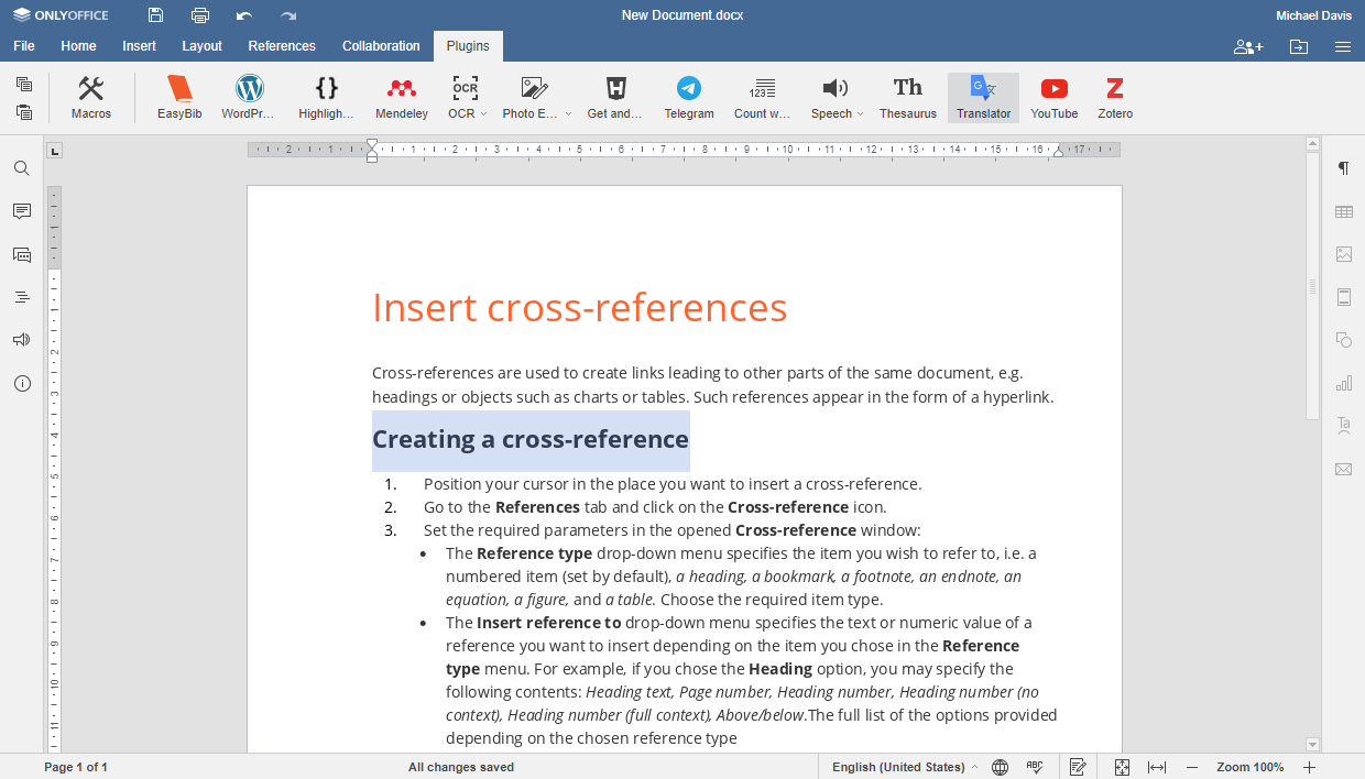 Google Translate plugin for ONLYOFFICE Docs