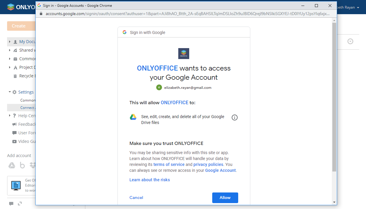 Let ONLYOFFICE access your Google Drive files
