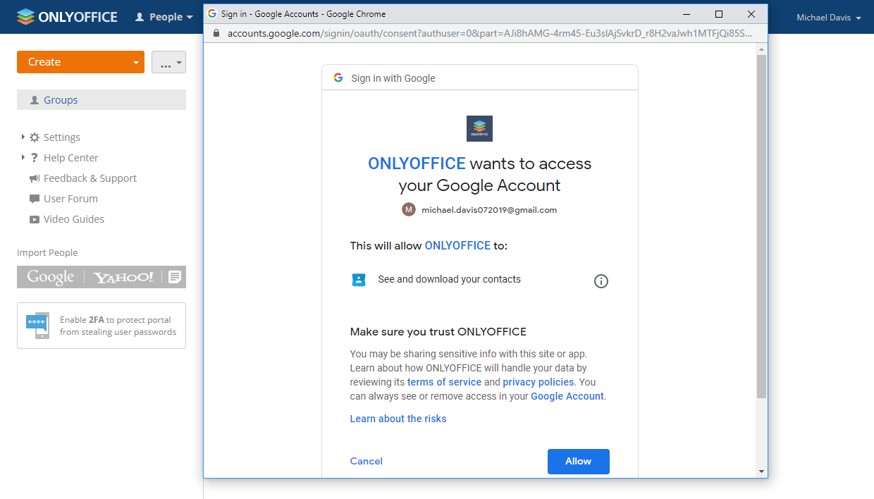 Allow ONLYOFFICE to access Google contacts