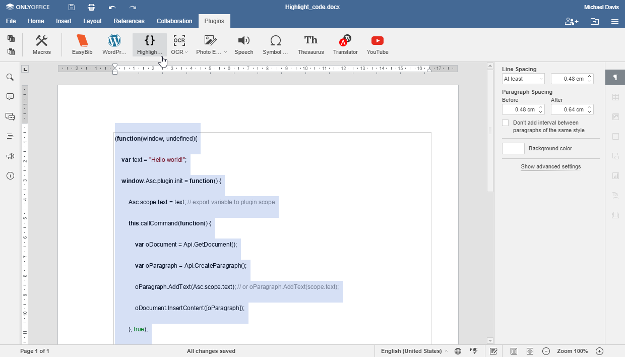 Highlight code plugin in ONLYOFFICE
