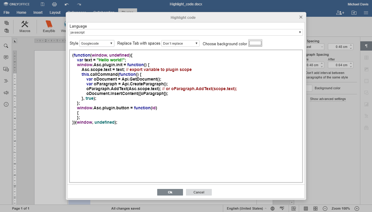 Highlight code plugin in ONLYOFFICE