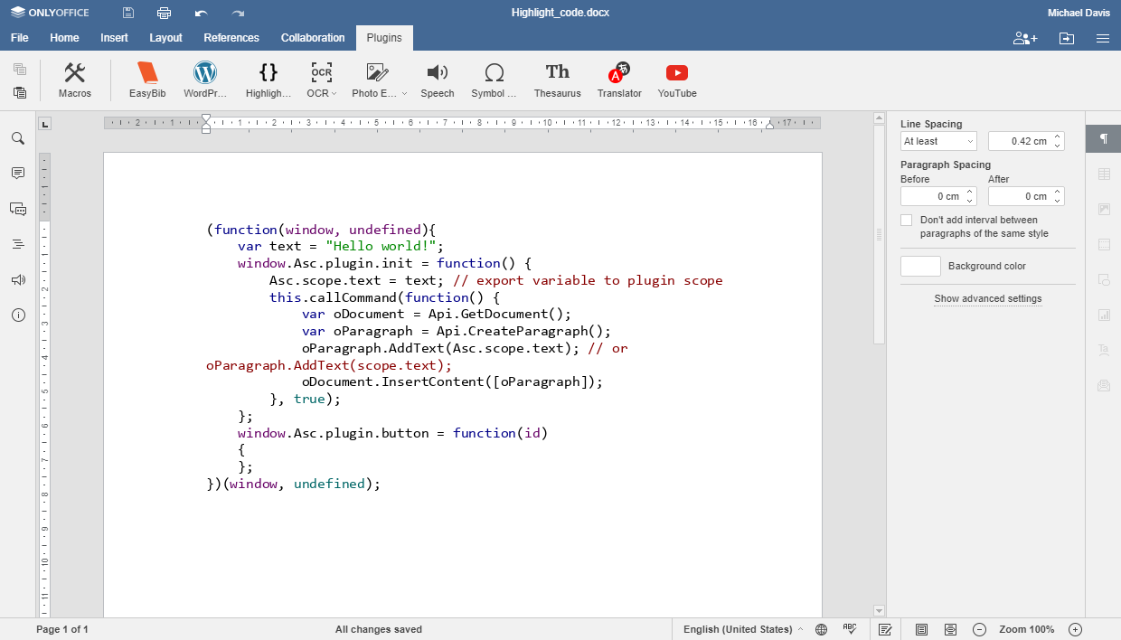 Highlight code plugin in ONLYOFFICE