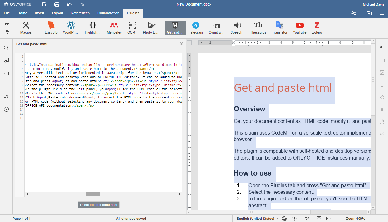 HTML plugin for ONLYOFFICE Docs