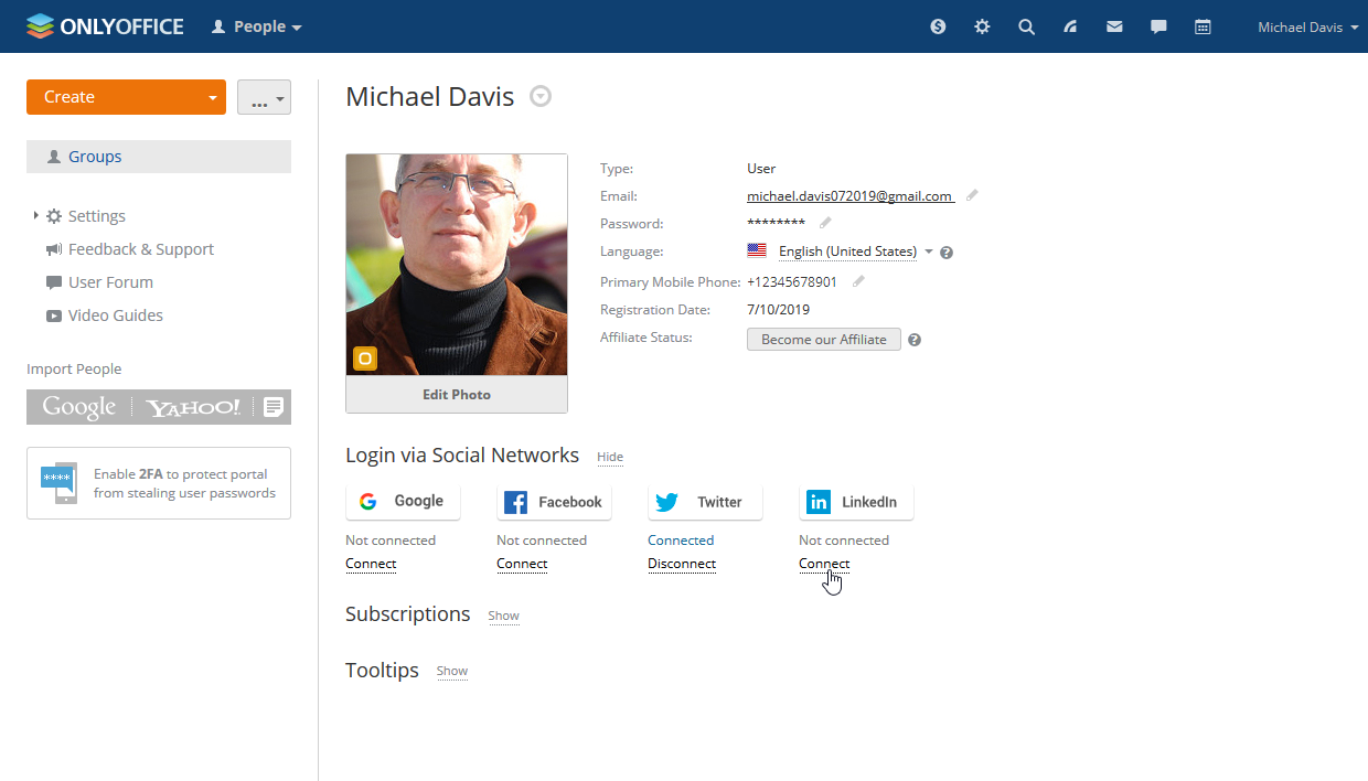 Connect LinkedIn account to log in to ONLYOFFICE