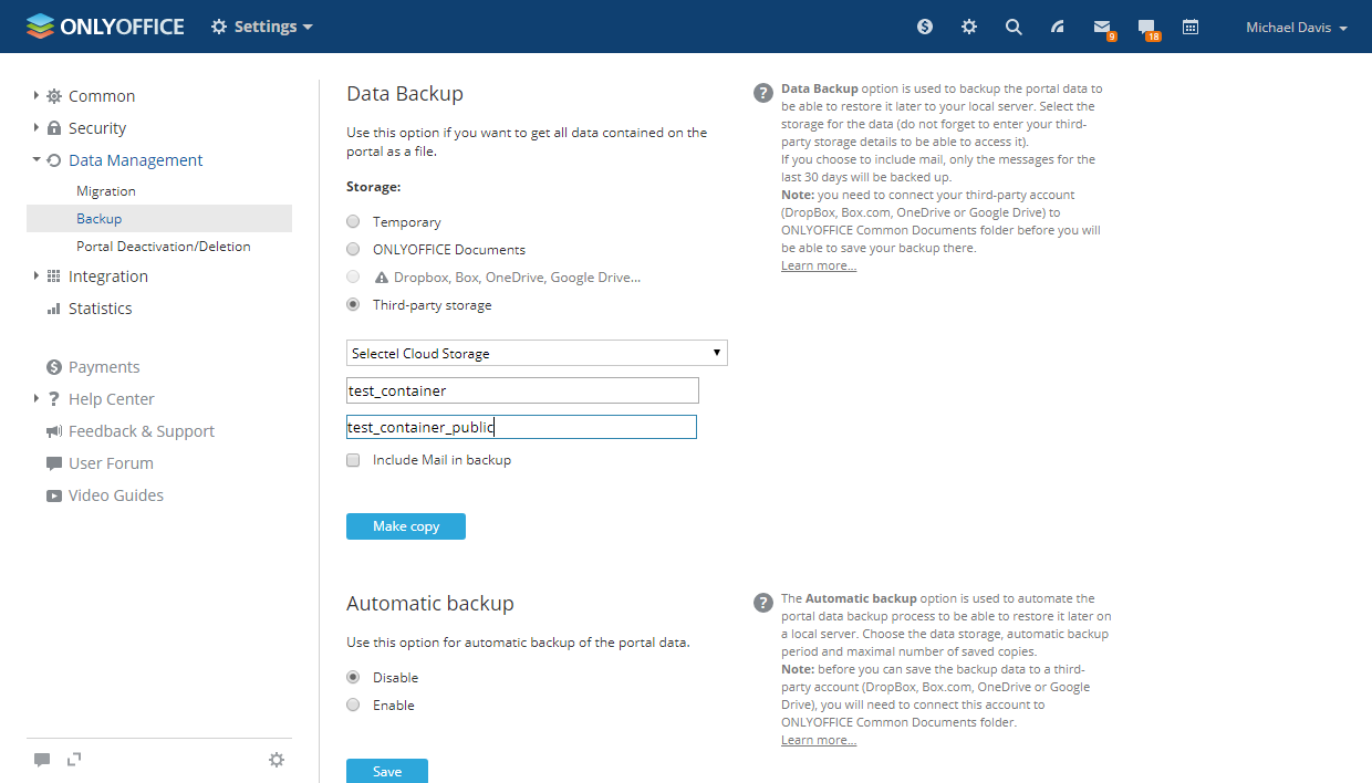 Use Selectel to do backups in ONLYOFFICE
