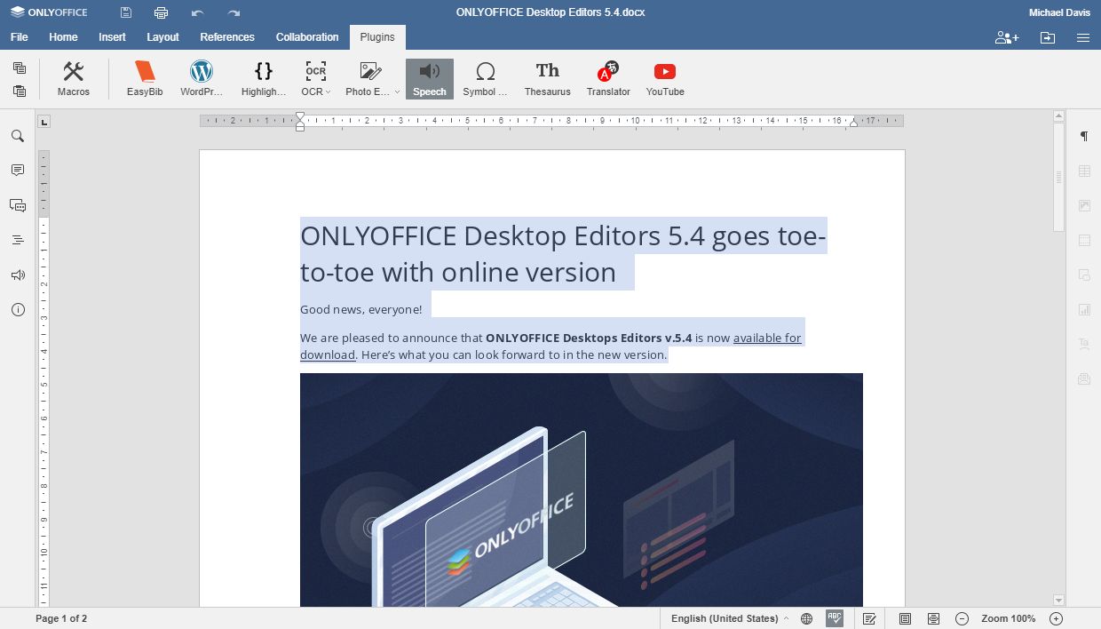 Convert selected text into speech in ONLYOFFICE editors