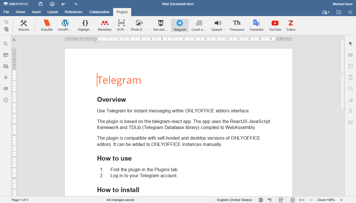 Telegram plugin for ONLYOFFICE Docs