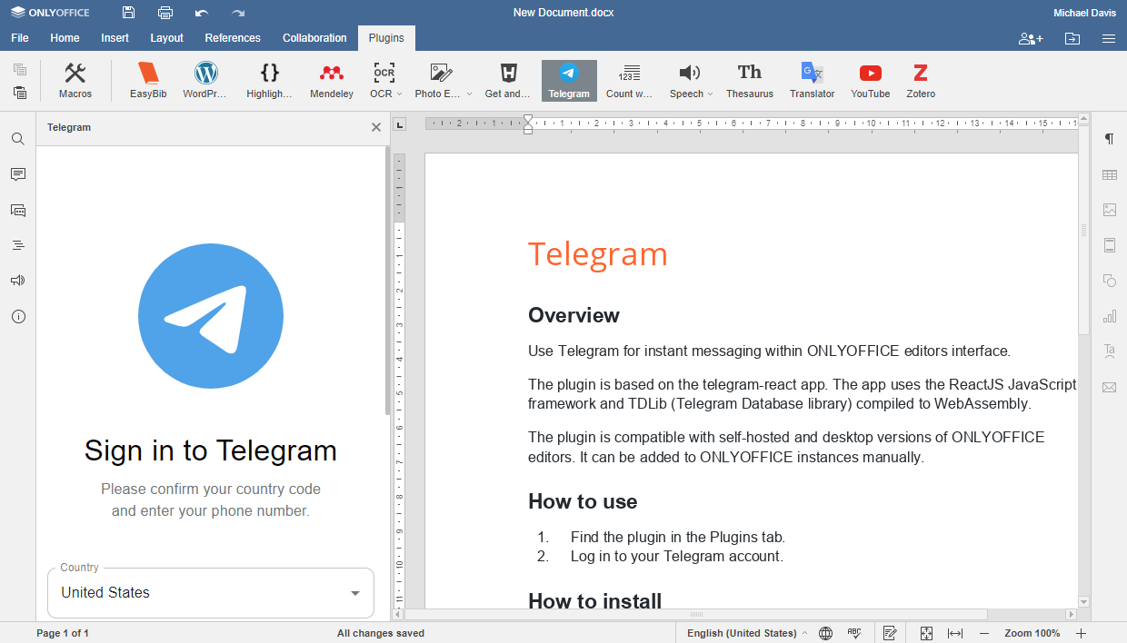 Telegram plugin for ONLYOFFICE Docs