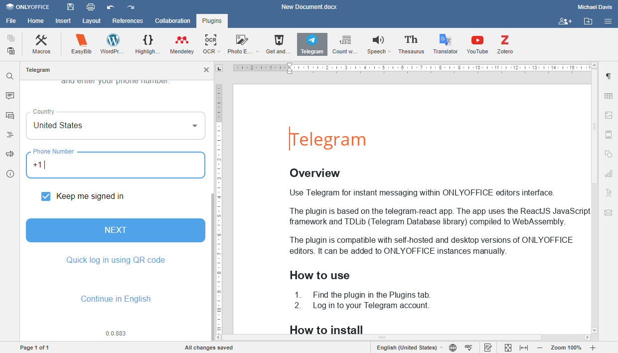 Telegram plugin for ONLYOFFICE Docs