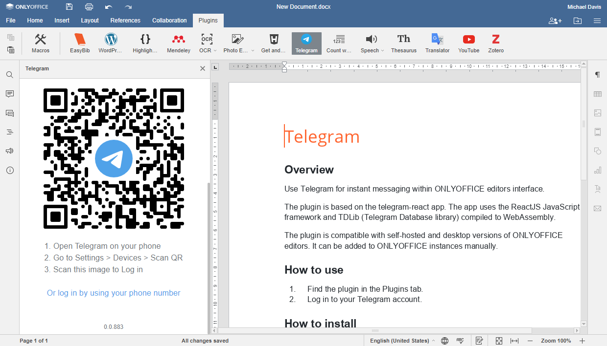 Telegram plugin for ONLYOFFICE Docs