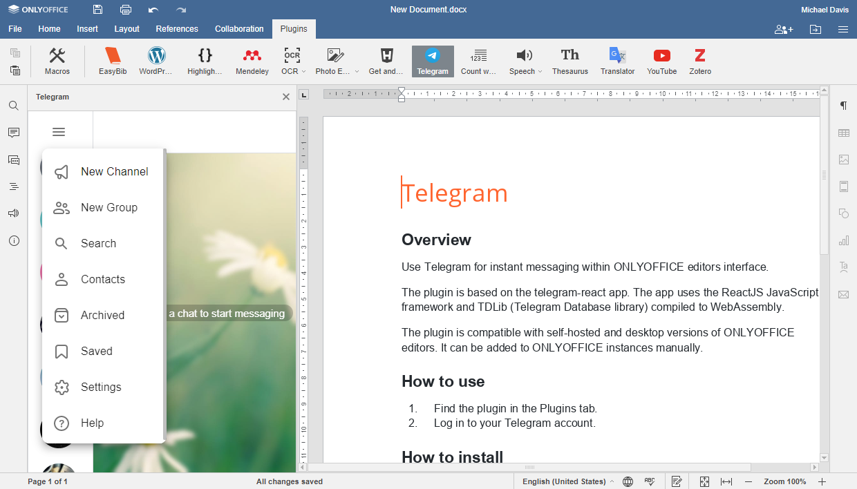Telegram plugin for ONLYOFFICE Docs