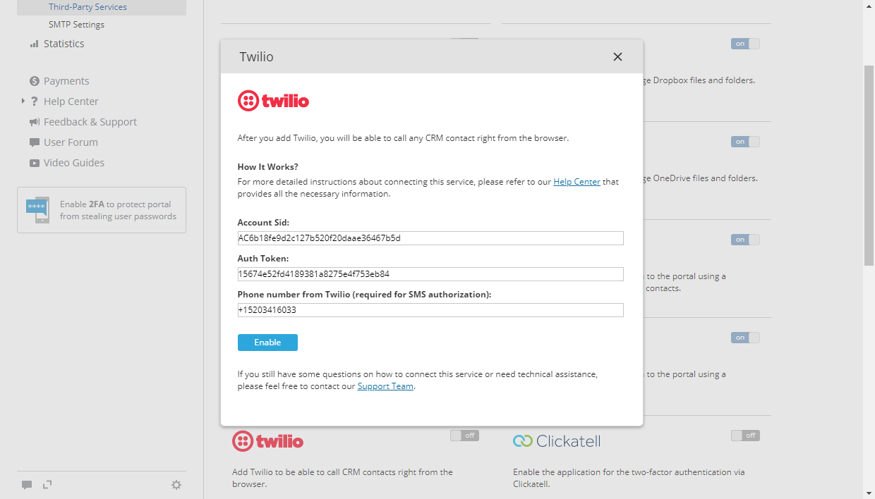 ONLYOFFICE - Twilio settings