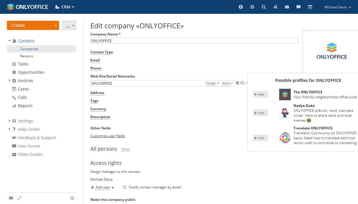 Follow your customer's Twitter from ONLYOFFICE CRM