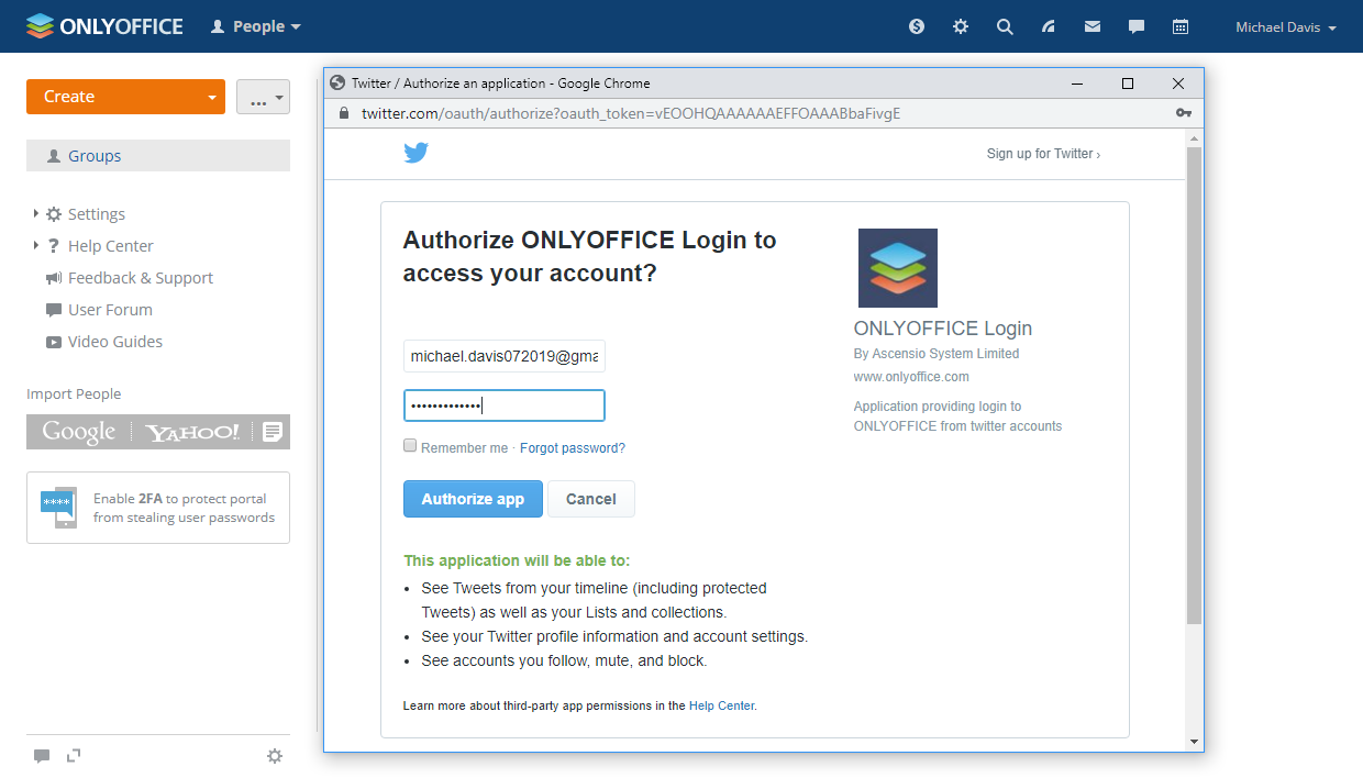 Log in to ONLYOFFICE using Twitter