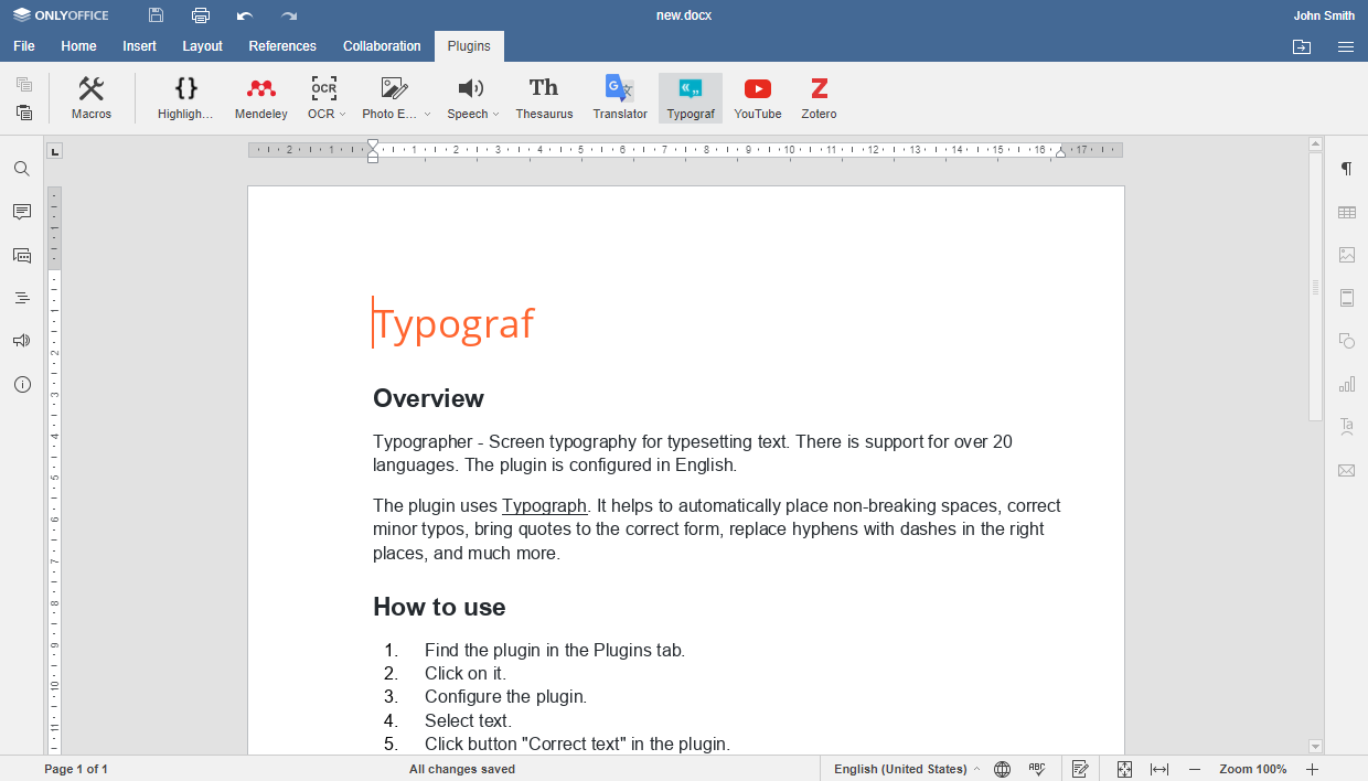 Typograf plugin for ONLYOFFICE Docs