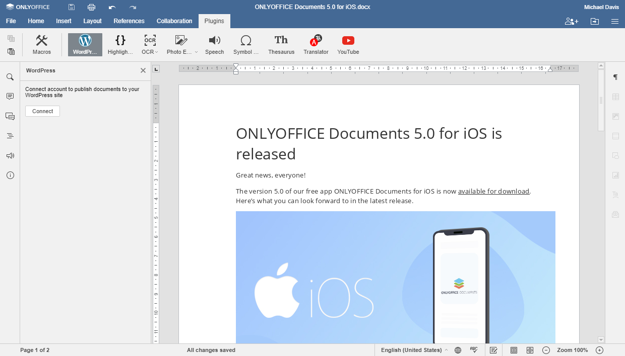 Publish articles on your WordPress website from ONLYOFFICE