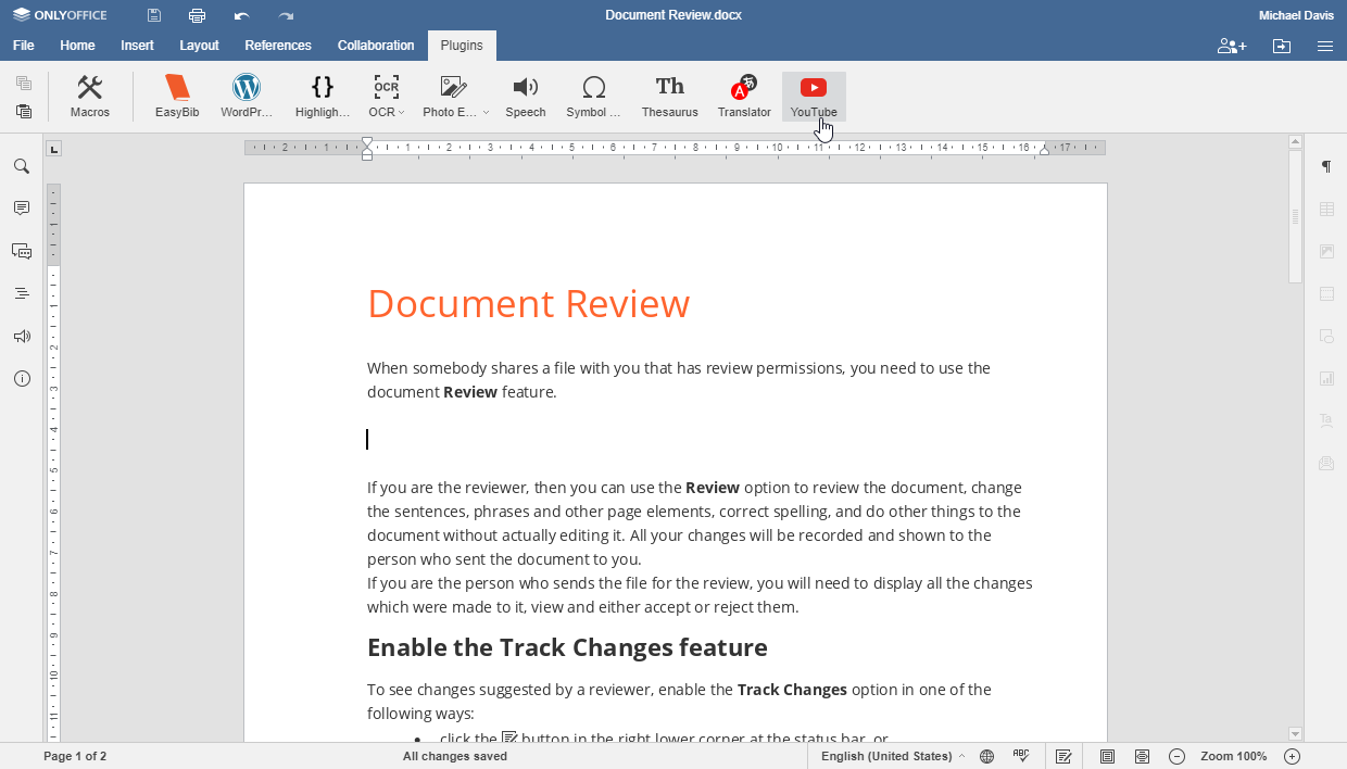 Embed YouTube videos into ONLYOFFICE docs