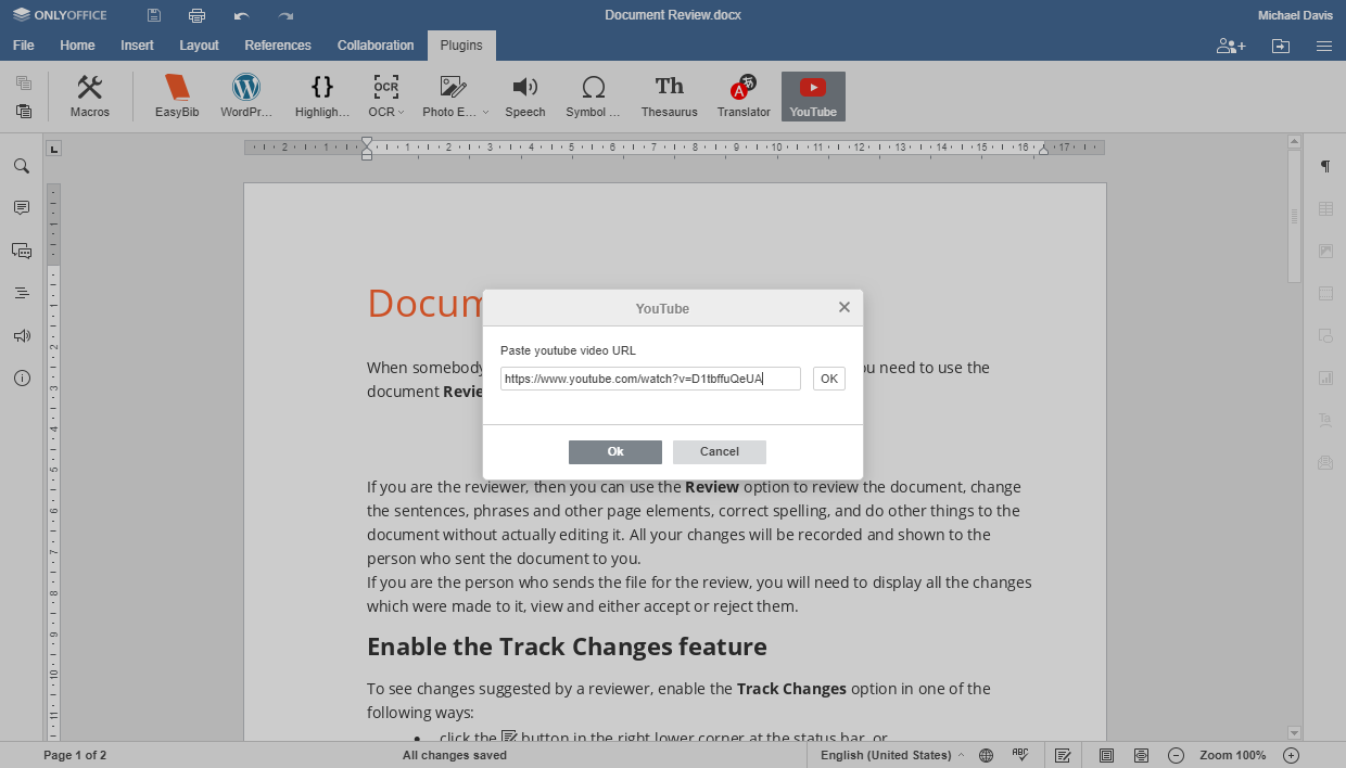 Insert YouTube videos to ONLYOFFICE