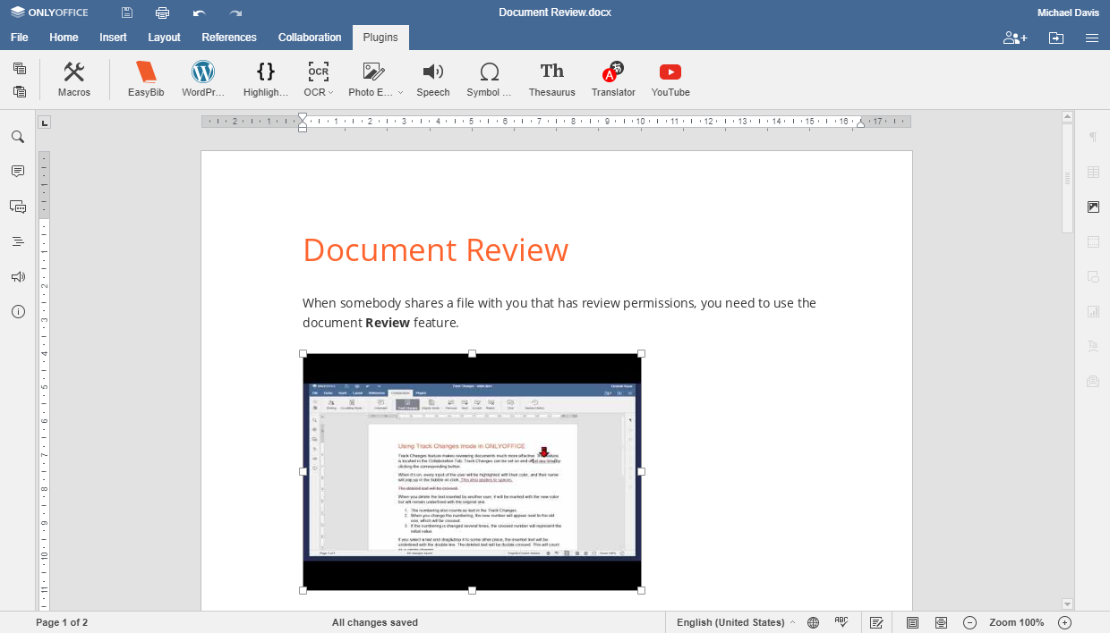 Use YouTube plugin to add videos to ONLYOFFICE docs
